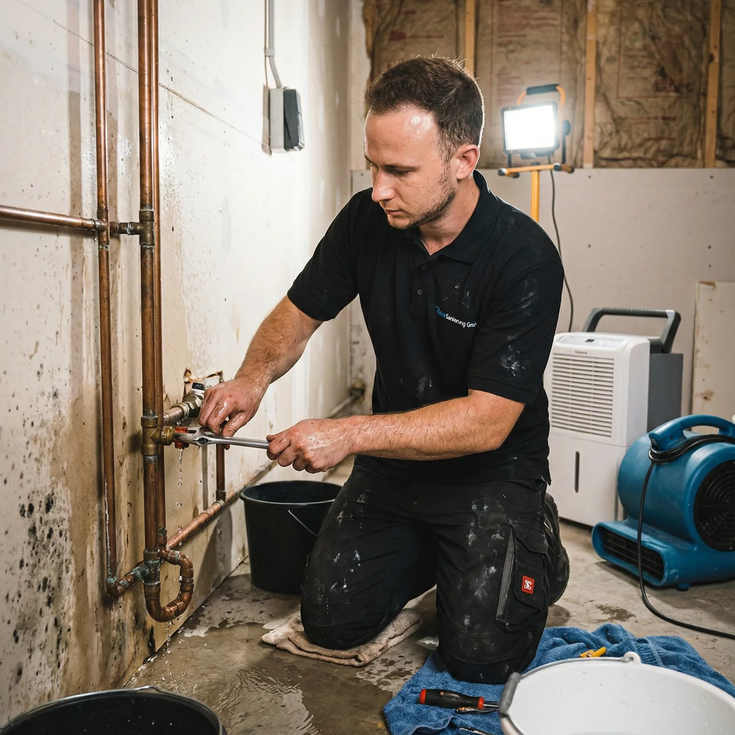 Techniker bei der Leckortung an Kupferleitungen im Keller
