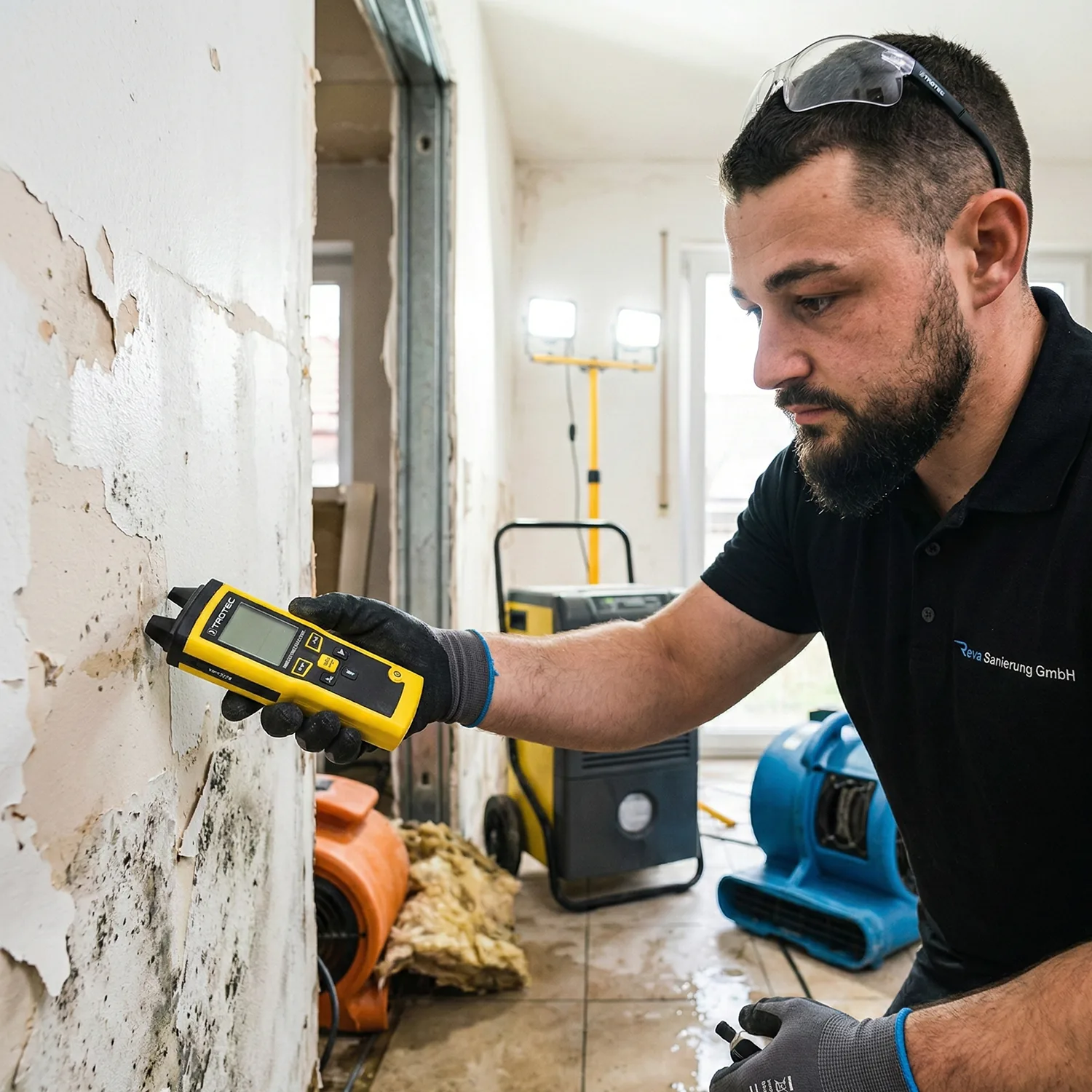 Techniker misst Restfeuchte an beschädigter Wand mit professionellem Feuchtemessgerät